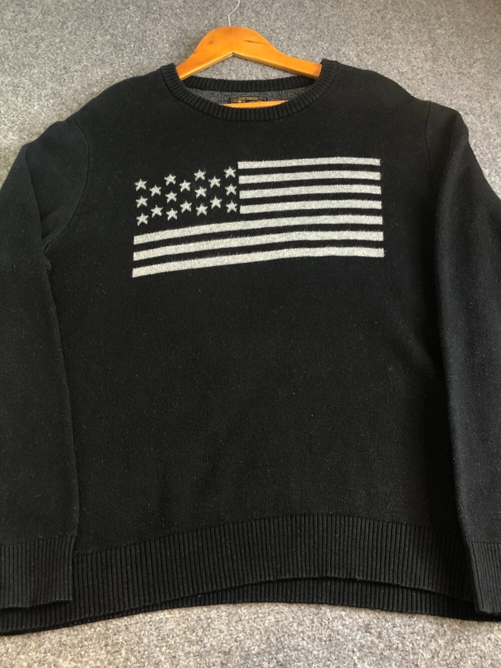 Lucky Brand Sweatshirt Mens XL Black American Flag Print Ribbed 100% Cotton